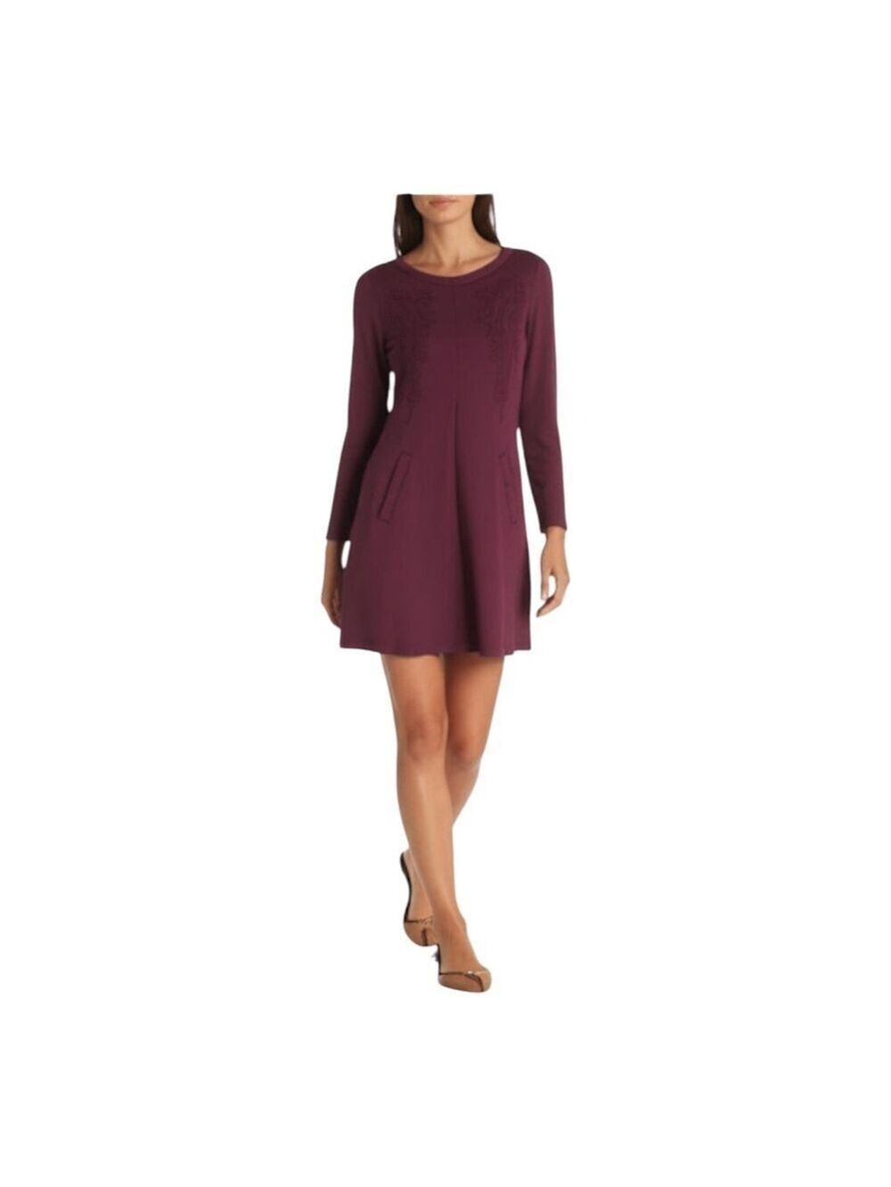 Anthropologie Caite Embroidered Tunic Top / Mini Dress Womens S Wine 3/4 Sleeves